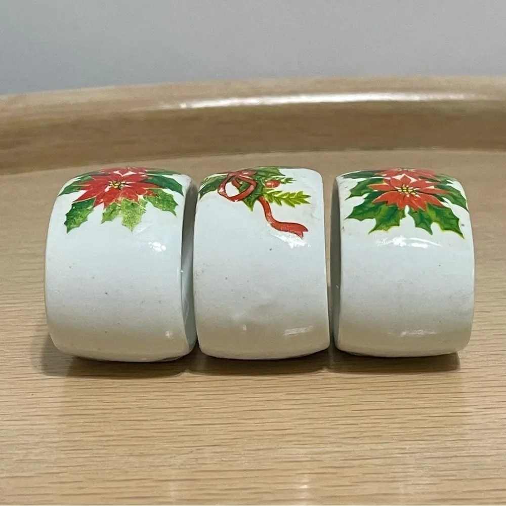 Porcelain Poinsettia & Holly Christmas Napkin Rings Festive Holiday Design 3 Set